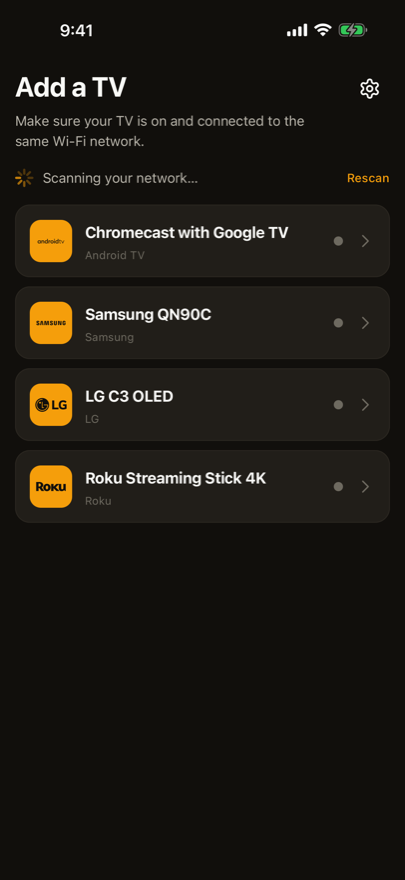 Beam's devices screen listing a Chromecast with Google TV, Samsung QN90C, LG C3 OLED and Roku Streaming Stick 4K