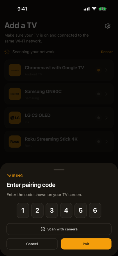 Beam's pairing sheet with six code boxes filled in and a Scan with camera button