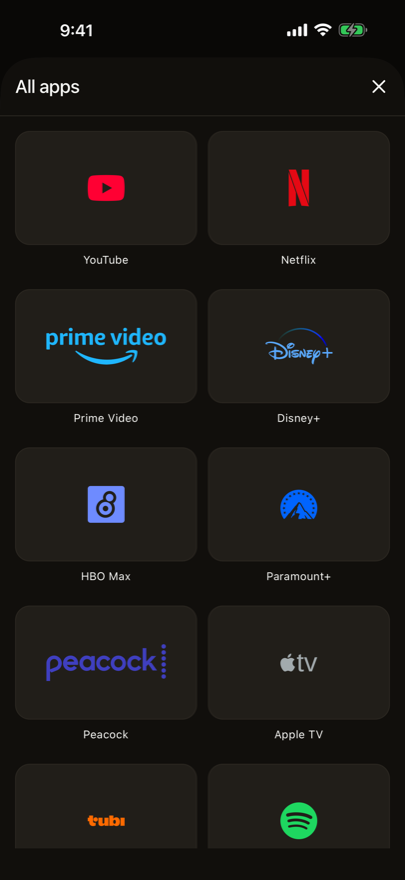 Beam's All apps grid showing YouTube, Netflix, Prime Video, Disney+, HBO Max, Paramount+, Peacock and Apple TV