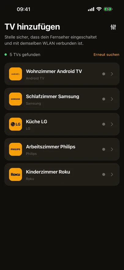 Der Bildschirm TV hinzufügen von Beam listet fünf im WLAN gefundene Fernseher auf