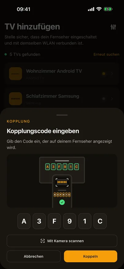 Das Kopplungsfenster von Beam mit eingetipptem Code, einem Bild des Codes auf dem Fernseher und der Taste Mit Kamera scannen