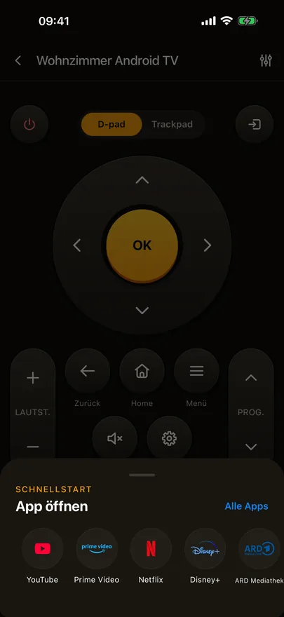 Die Fernbedienung von Beam mit geöffnetem Schnellstart-Fenster, das Streaming-Apps und einen Link zu Alle Apps zeigt