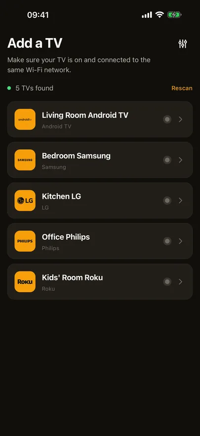 Beam's Add a TV screen listing five TVs it found on the Wi-Fi