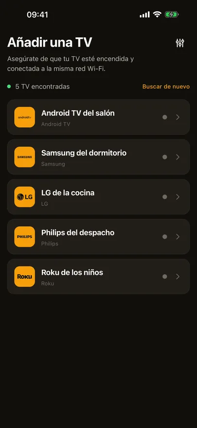 La pantalla Añadir una TV de Beam con cinco televisores encontrados en la Wi-Fi