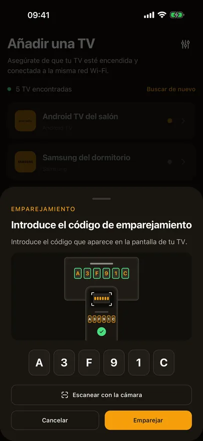 La hoja de emparejamiento de Beam con un código escrito, una imagen del código en el televisor y un botón Escanear con la cámara