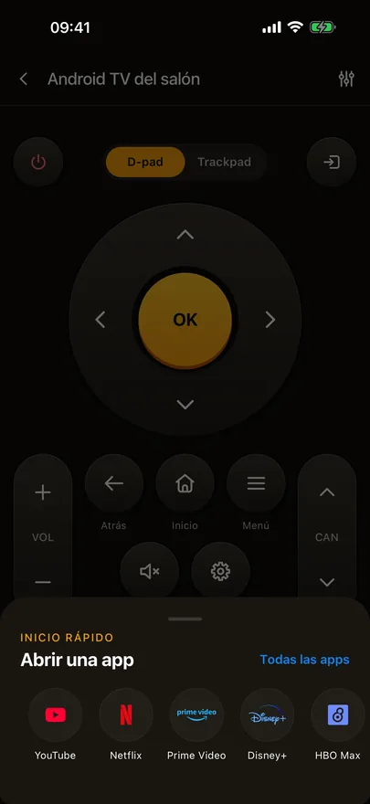 El mando de Beam con el panel de Inicio rápido abierto encima, con apps de streaming y un enlace a Todas las apps