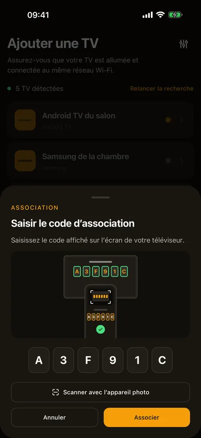 Le panneau d’association de Beam avec un code saisi, une image du code sur la TV et un bouton Scanner avec l’appareil photo