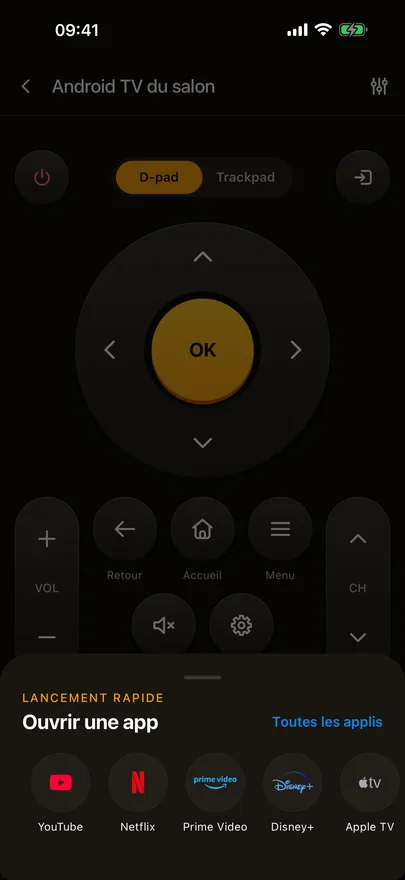 La télécommande Beam avec le panneau Lancement rapide ouvert, montrant des applis de streaming et un lien Toutes les applis