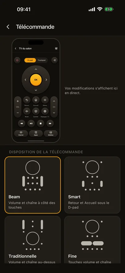 L’écran Personnaliser la télécommande de Beam avec un aperçu en direct et les dispositions Beam, Smart, Traditionnelle et Fine