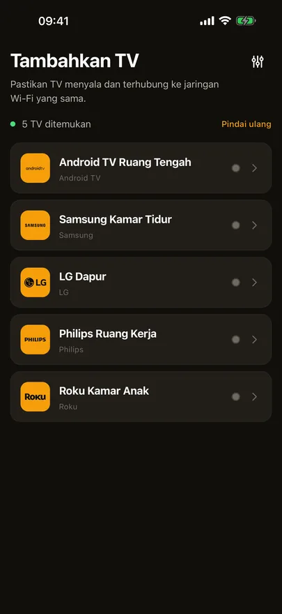 Layar Tambahkan TV di Beam yang menampilkan lima TV yang ditemukan di Wi-Fi