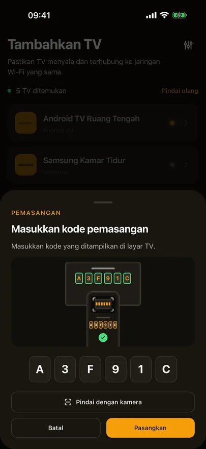 Lembar pemasangan Beam dengan kode yang sudah diketik, gambar kode di TV, dan tombol Pindai dengan kamera