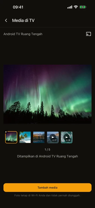 Layar Media di TV di Beam yang menampilkan foto di TV, dengan gambar mini foto dan video serta tombol Tambah media