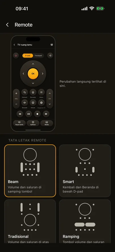 Layar Sesuaikan remote di Beam dengan pratinjau langsung remote dan tata letak remote Beam, Smart, Tradisional, dan Ramping