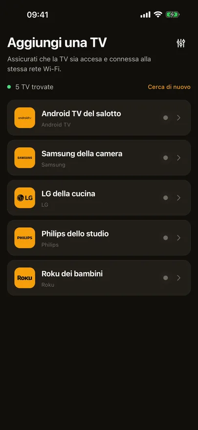 La schermata Aggiungi una TV di Beam con cinque TV trovate sul Wi-Fi