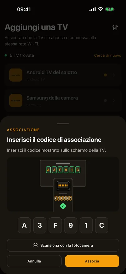 Il pannello di associazione di Beam con un codice digitato, un'immagine del codice sulla TV e un pulsante Scansiona con la fotocamera