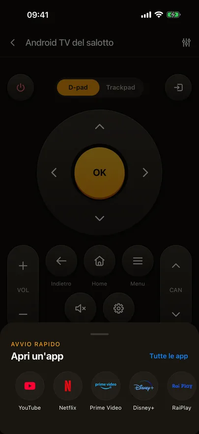 Il telecomando di Beam con il pannello Avvio rapido aperto sopra, con app di streaming e un link a Tutte le app