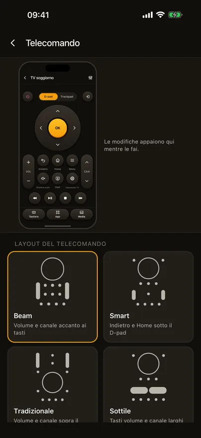 La schermata Personalizza telecomando di Beam con l'anteprima dal vivo del telecomando e i layout Beam, Smart, Tradizionale e Sottile