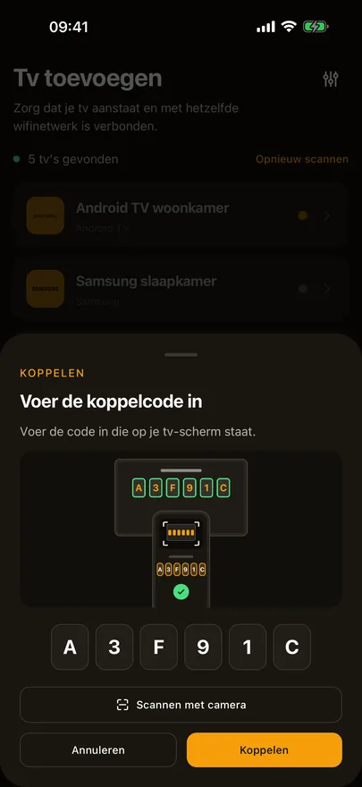 Het koppelvenster van Beam met een ingetypte code, een afbeelding van de code op de tv en een knop Scannen met camera