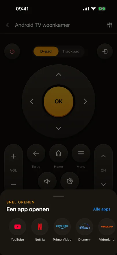 De afstandsbediening van Beam met het venster Snel openen erboven, met streamingapps en een link naar Alle apps