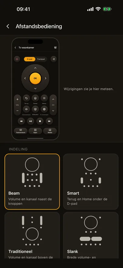 Het scherm Afstandsbediening aanpassen van Beam met een live voorbeeld van de afstandsbediening en de indelingen Beam, Smart, Traditioneel en Slank