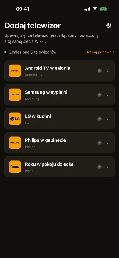 Ekran „Dodaj telewizor” w Beam z pięcioma telewizorami znalezionymi w sieci Wi-Fi