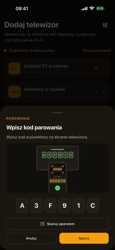 Panel parowania w Beam z wpisanym kodem, ilustracją kodu na telewizorze i przyciskiem „Skanuj aparatem”