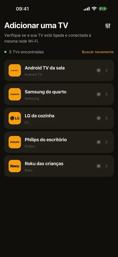 A tela Adicionar uma TV do Beam listando cinco TVs encontradas no Wi-Fi