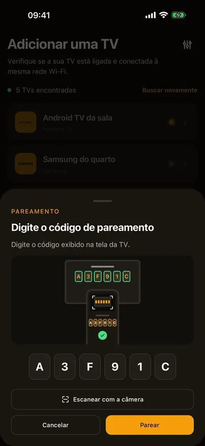 O painel de pareamento do Beam com um código digitado, uma imagem do código na TV e um botão Escanear com a câmera