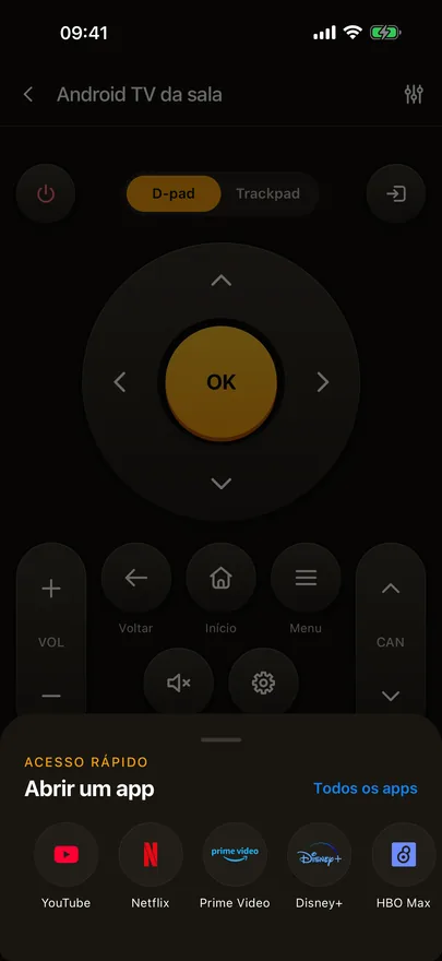 O controle do Beam com o painel Acesso rápido aberto, mostrando apps de streaming e um link Todos os apps