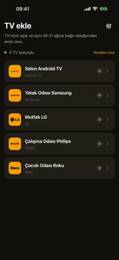 Beam'in TV ekle ekranı, Wi-Fi ağında bulunan beş TV'yi listeliyor
