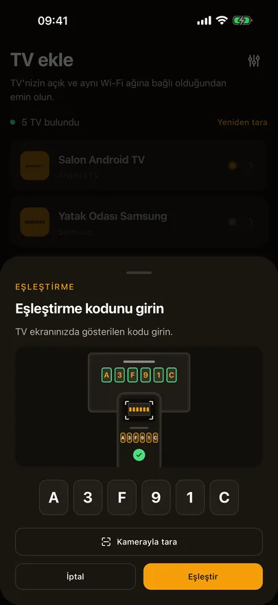 Beam'in eşleştirme ekranı: girilmiş bir kod, TV'deki kodun görseli ve Kamerayla tara düğmesi