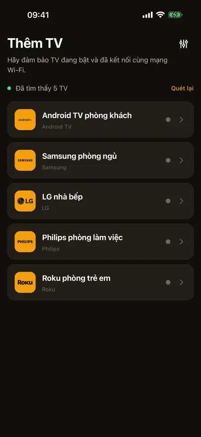 Màn hình Thêm TV của Beam liệt kê năm TV tìm thấy trên mạng Wi-Fi